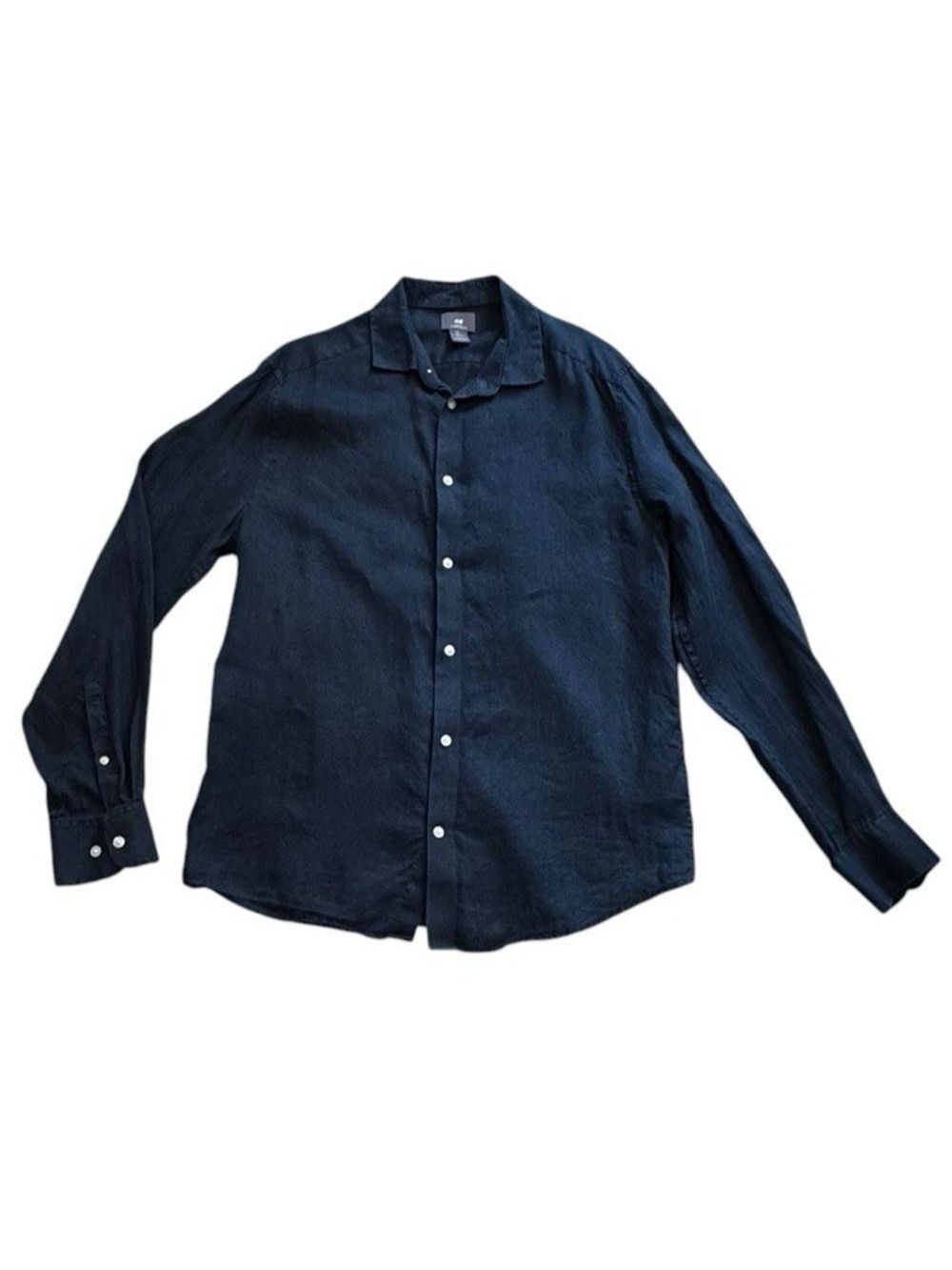 H&M Navy Blue 100% Linen Button Front Shirt Men’s Large Slim Fit
